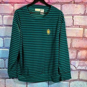 Jaclyn Smith XL Green Black Striped Long Sleeve Pullover Embroidered Crest Top